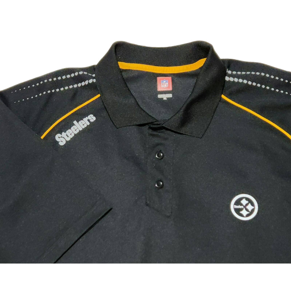 NFL Steelers Polo Size XL Mens Shirt Short Sleeve‎ Black Yellow Trim Reflective
